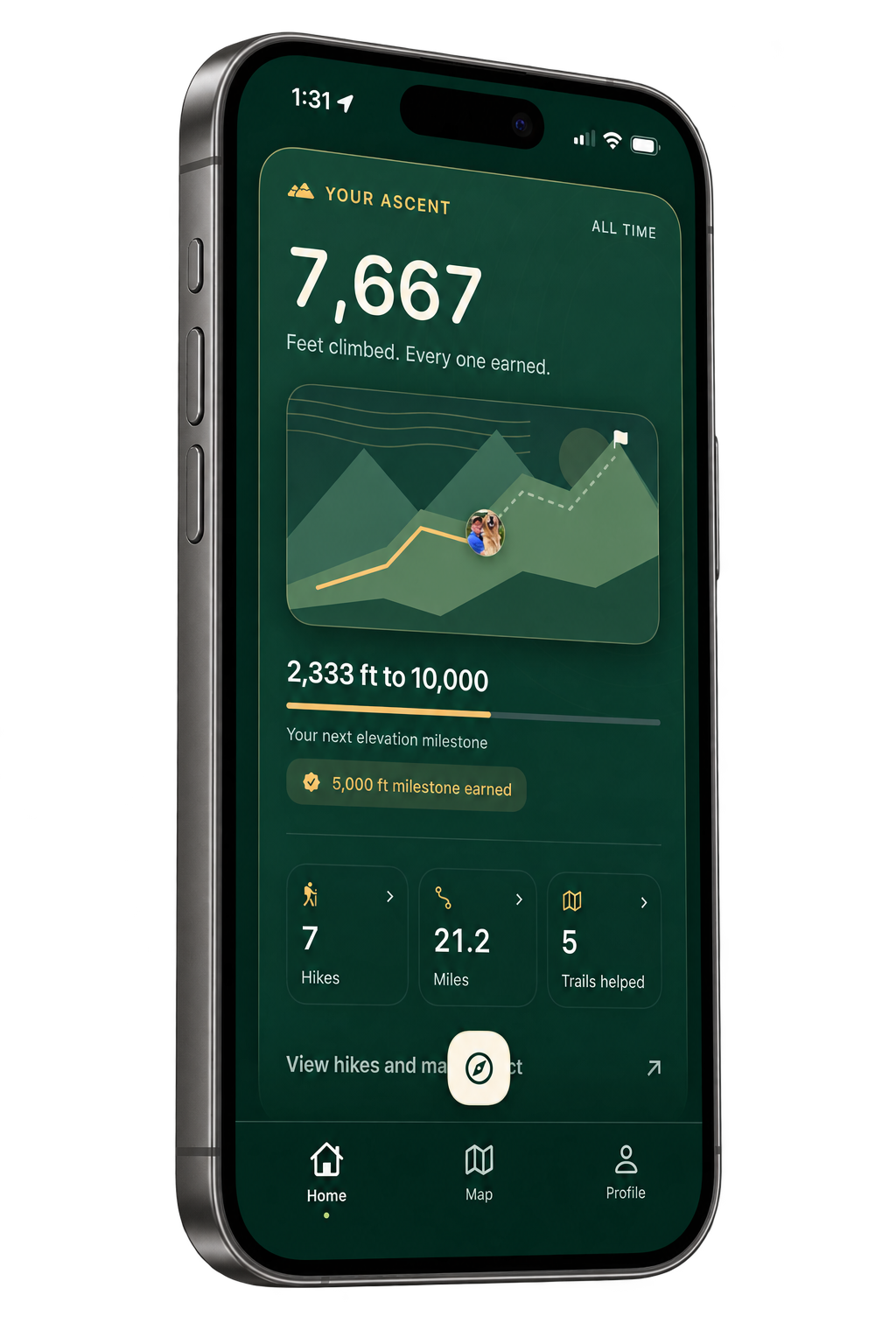 Elevation Snob ascent dashboard showing progress toward a 10,000-foot milestone