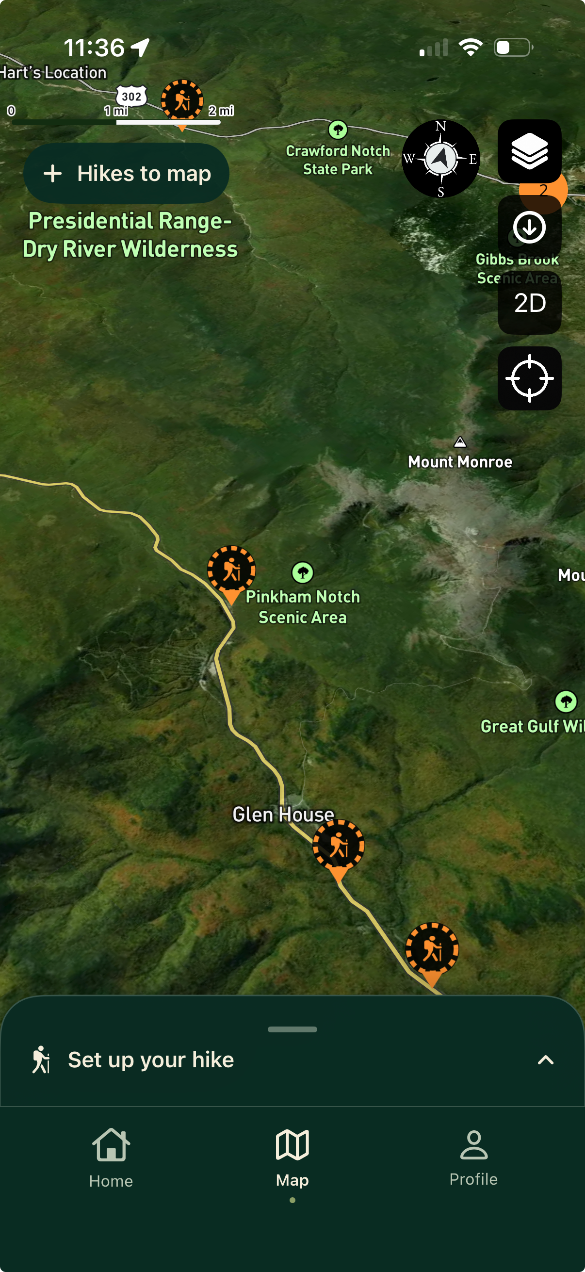 Elevation Snob map showing the Presidential Range and Mount Monroe in New Hampshire